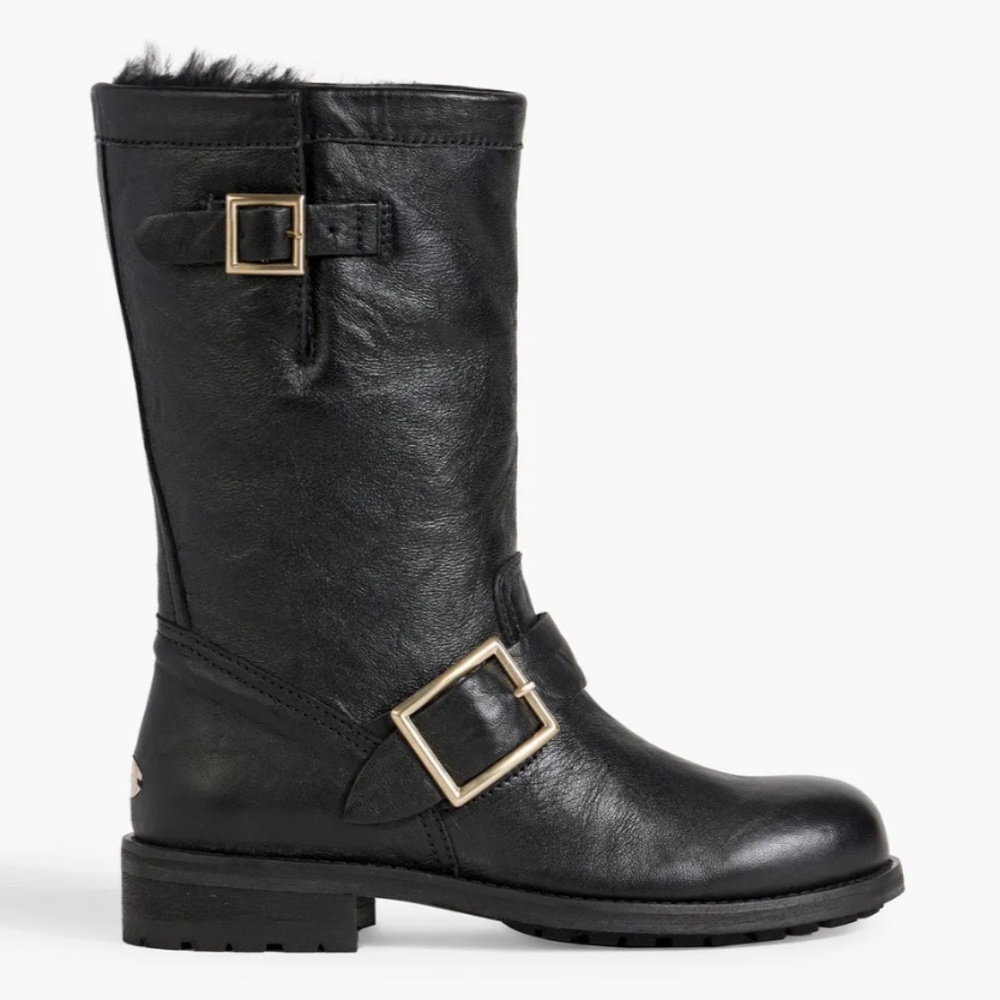 Jimmy Choo Biker Buckled Fur Black Boots